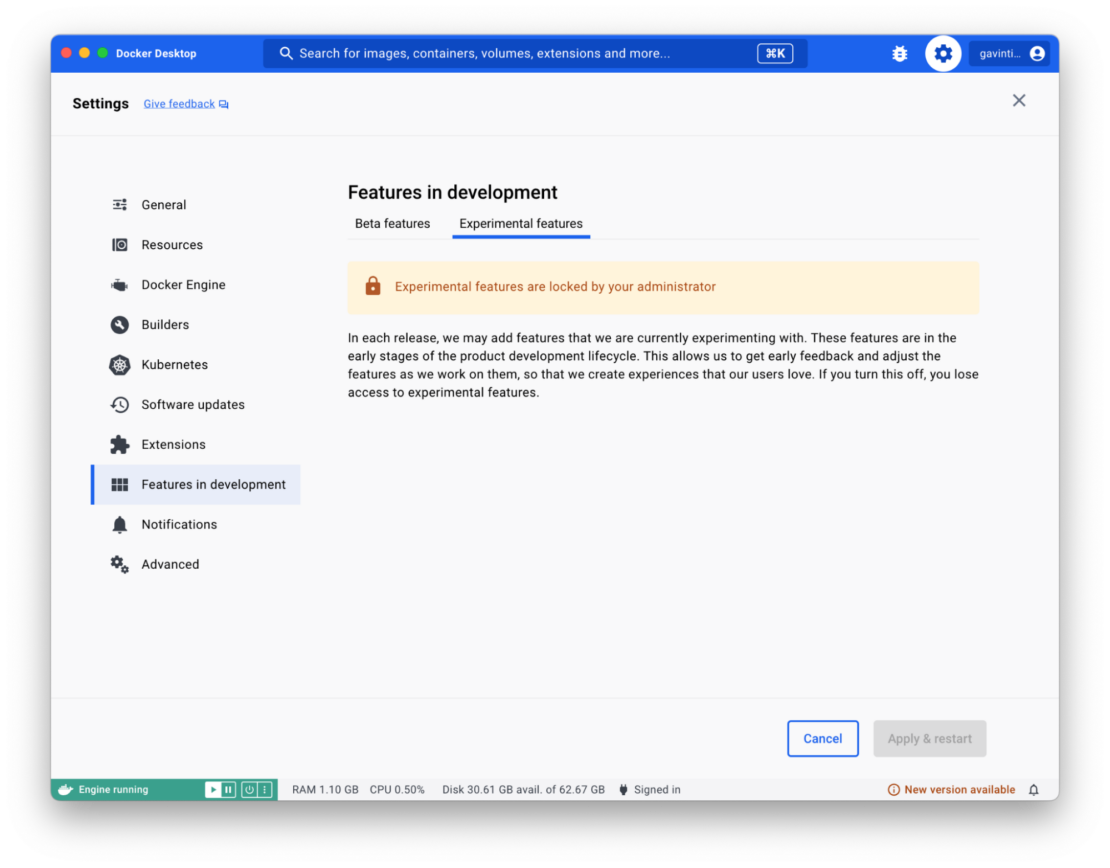 Screenshot of docker desktop showing "features in development" with experimental features selected and a comment saying "experimental features are locked by your administrator. "