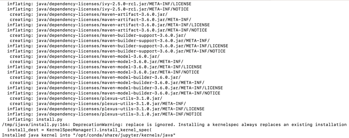 Screen capture showing progress of ijava kernel installation.