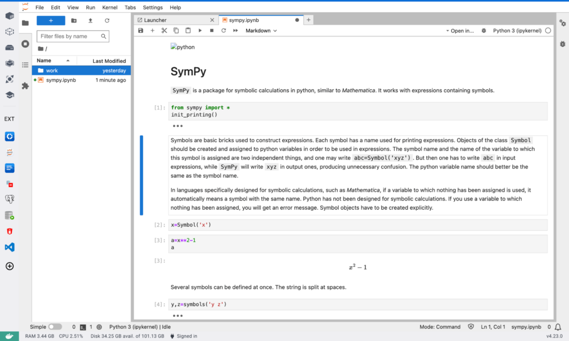 Screenshot showing sympy example of uploaded notebook.