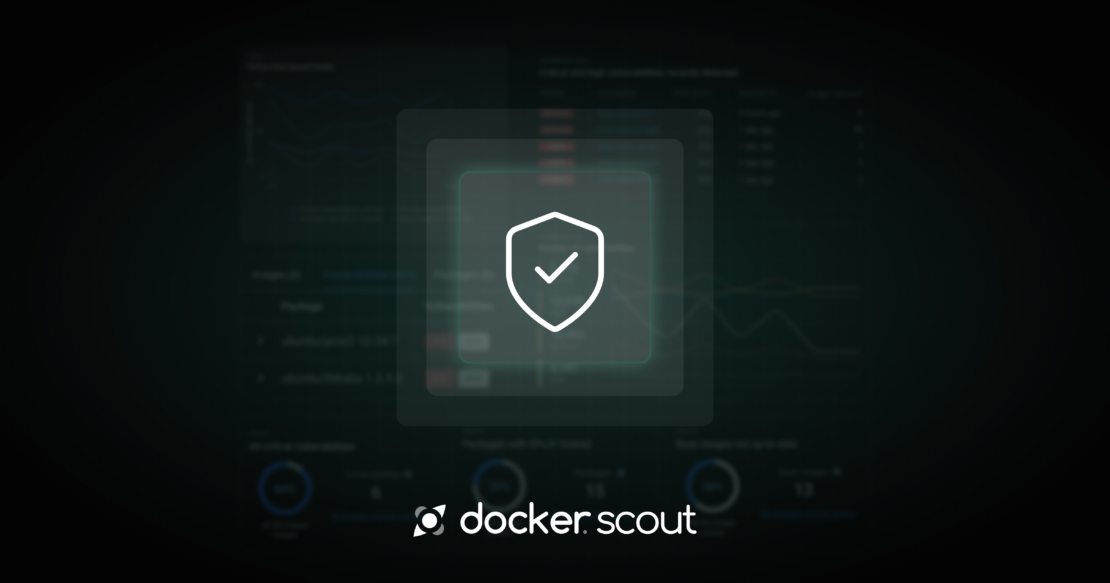 Docker scout logo with shield and checkmark on black background