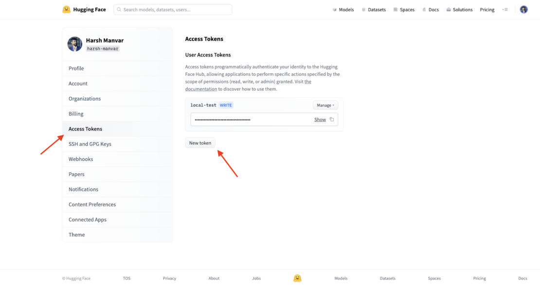 Screenshot of hugging face profile settings; selecting access token.