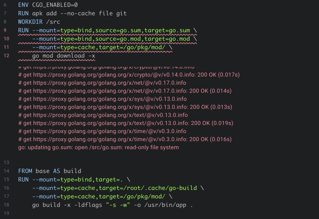 Screenshot of dockerfile showing stack trace under a step that failed.
