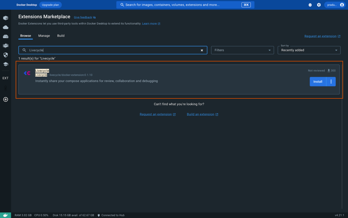 Screenshot of extensions marketplace showing livecycle extension.