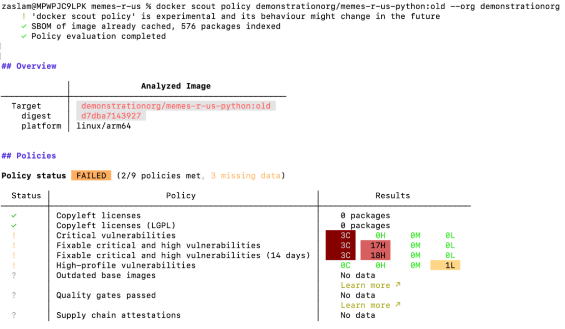 Screenshot showing output of `docker scout policy` command including overview and policy status.