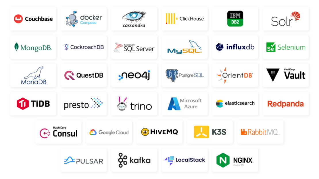 Tiled logos of different technologies including Couchbase, MongoDB, and more. 
