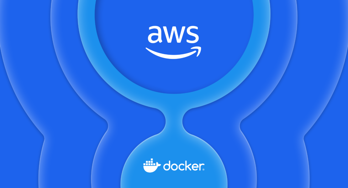 Blue and white illustration with aws and docker logos