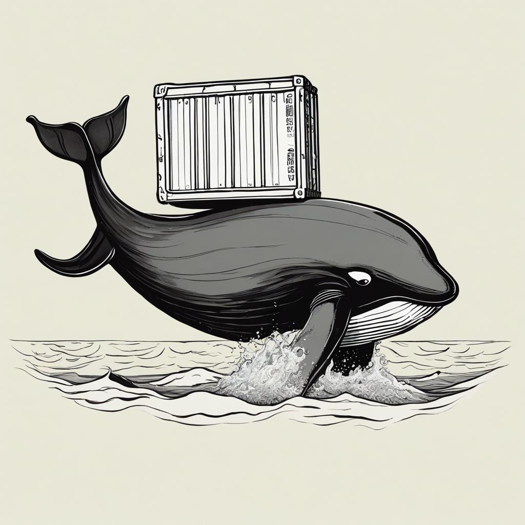 Black and white illustration of whale with a container on its back.
