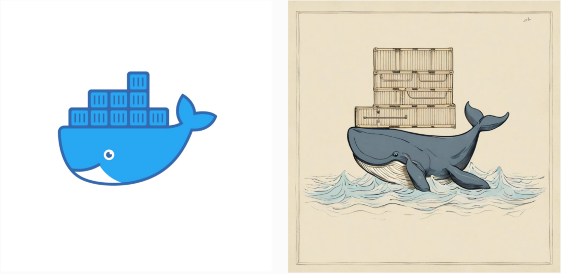 Two-part image with simple moby mascot on the left and drawing of whale with several containers on its back on the right.