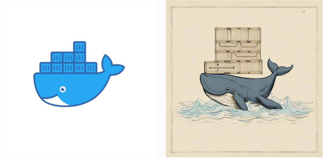 Two-part image with simple Moby mascot on the left and drawing of whale with several containers on its back on the right.