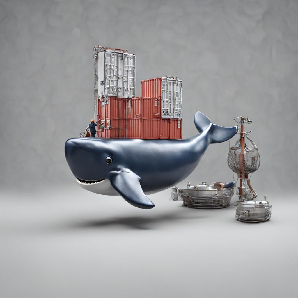 AI generated image showing 3D rendering of a whale with red and white containers on its back.