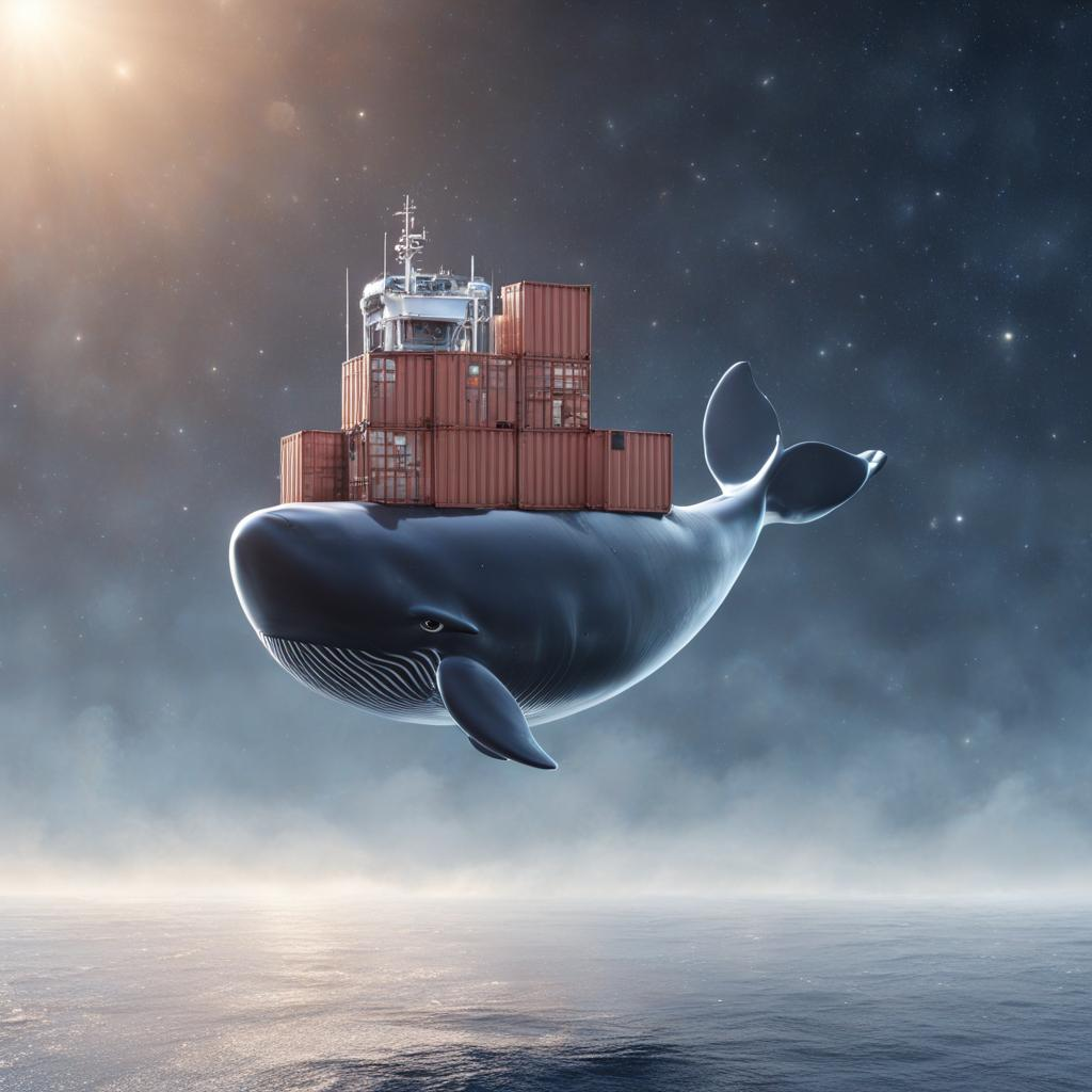 Ai generated image of whale with red containers on its back hovering in space over an ocean.