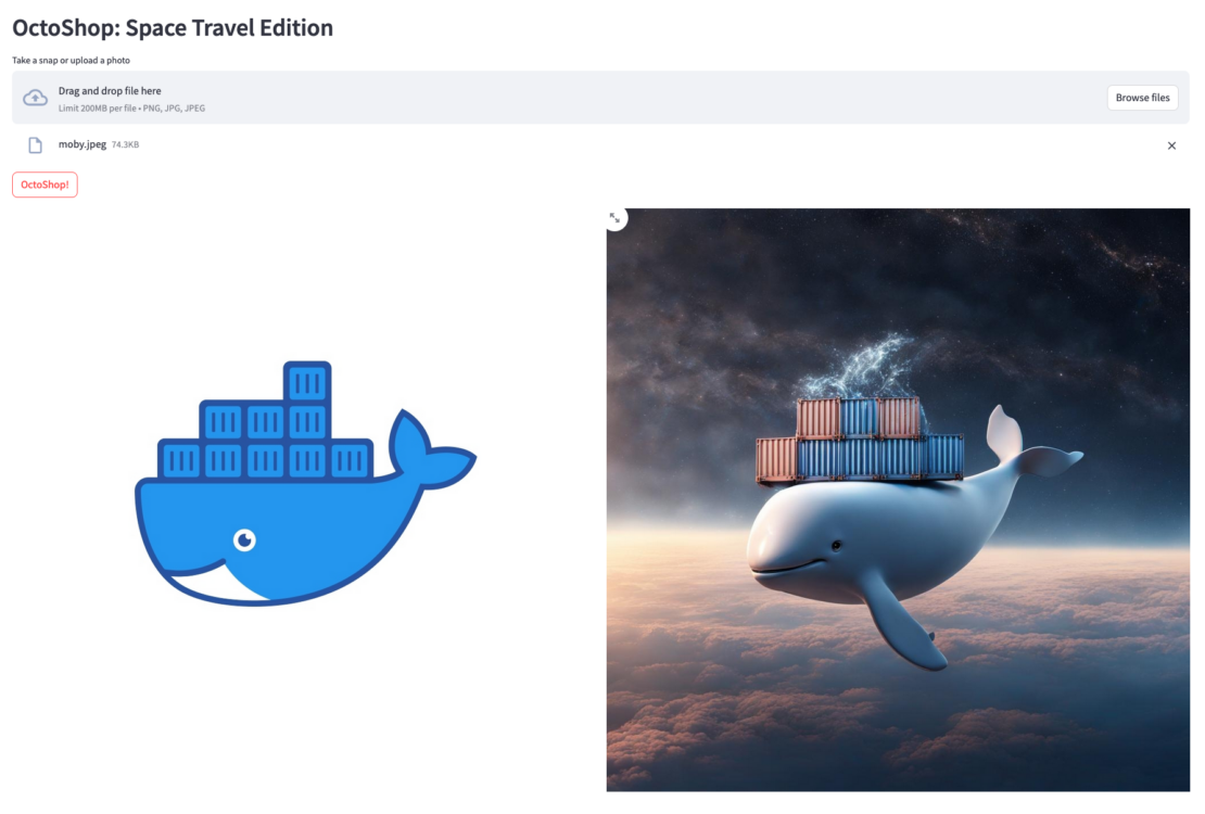 Two-part image showing simple moby mascot on left and whale with blue and red containers on its back floating in space on the right.