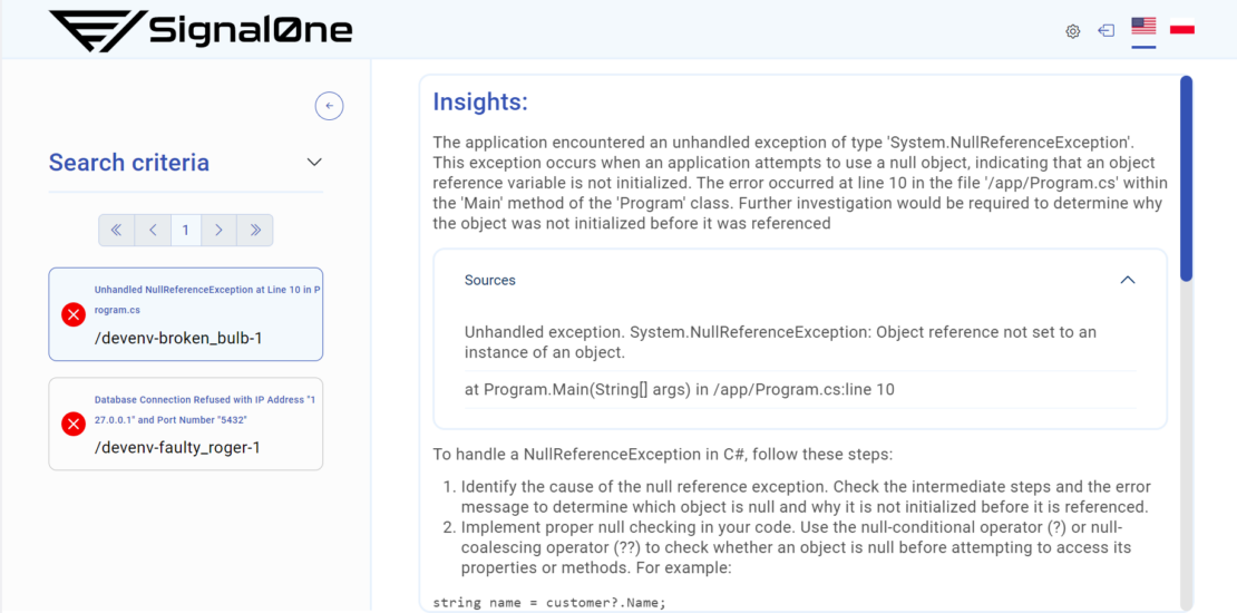 Screenshot of Signal0ne page showing search criteria and related insights.