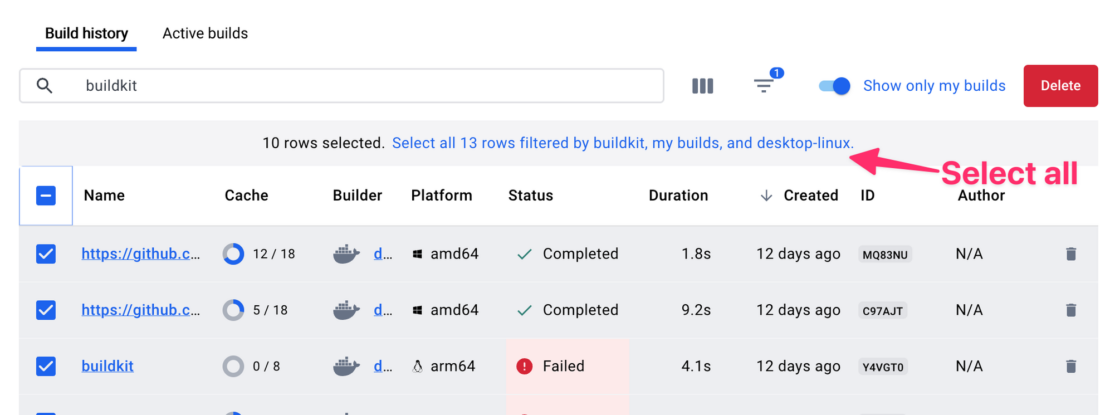 Screenshot of Docker Desktop Build history page showing "Select all" option.