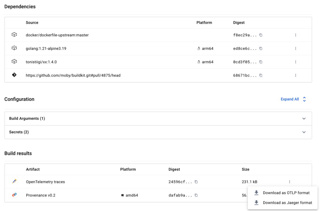 Screenshot of Docker Desktop Builds View showing Dependencies, Configuration, and Build results.